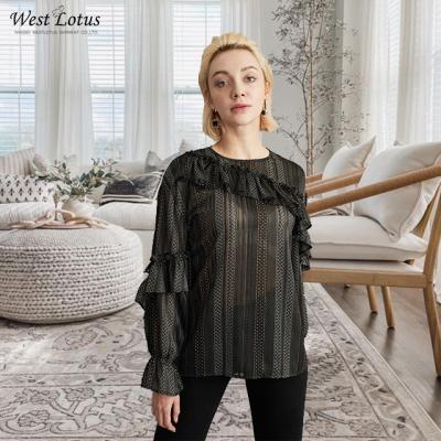 China Anti-wrinkle Europe fashionable black print sheer O-neck long sleeve ruffled trims elegant ladies tops and blouse for classic casual wear for sale