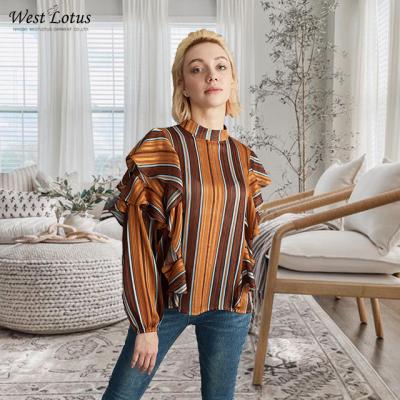 China Anti-wrinkle Europe ODM 2022 Fashionable Brown Stripes Print Turtle Neck Ruffles Polyester Long Sleeve Ladies Regular Blouse With Ribbon Lurex for sale