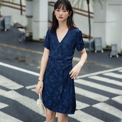 China Rita's Anti-Static Summer Hot Sale Customized Women's Breathable V-Neckline Casual Dress Chain Sleeve Short Sleeve Jacquard Floral Floral Dress for sale