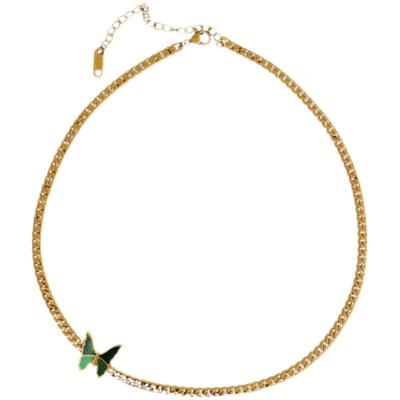 China Cuban Clavicle Chain Vintage Fashion Green Butterfly Choker Necklace Titanium Steel 18K Gold Plated Non-fading Necklace for sale