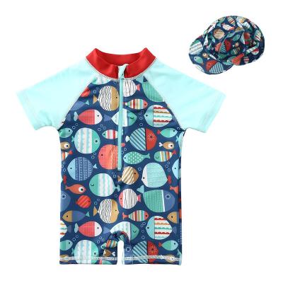 China Breathable UPF50 Sun Protect One Piece Kids Swimwear Boys Baby Surf Swimwear With Front Zip Boys Swimsuit With Hat In Stock for sale