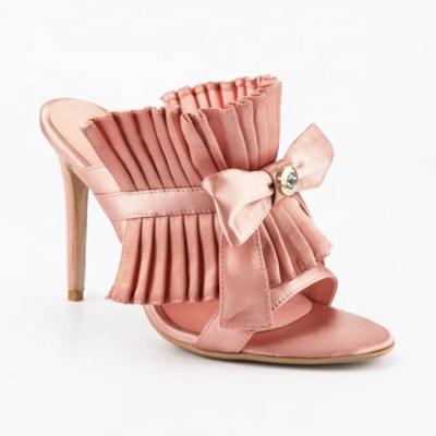 China Summer Pleated Silk Open Toe Slides Formal Mules Ladies Light Satin Bow Stiletto Heel Sandals And Slippers for sale