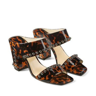 China CUSHIONING Square Toe Sandal Leopard Chunky Heels Women Shoes for sale