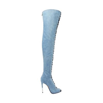 China Anti-Smell Denim Thigh High Boots Denim Shoes Women Open Toe Heel Boots for sale