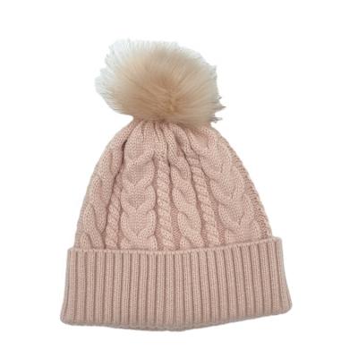 China Wholesale COMMON Winter Warm Pink Slapped Faux Fur Ribbed Jacquard Knitted Beanie Hats With Pom Pom for sale