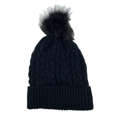 China COMMON Wholesale Black Winter White Fleece Striping Ribbed Cuffed Crochet Adult Knitted Beanie Hats With Pom Pom for sale