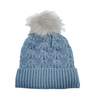 China COMMON Wholesale Winter Gray Fleece Lining Slapped Ribbed Crochet Knitted Beanie Hats With Pom Pom For Women for sale