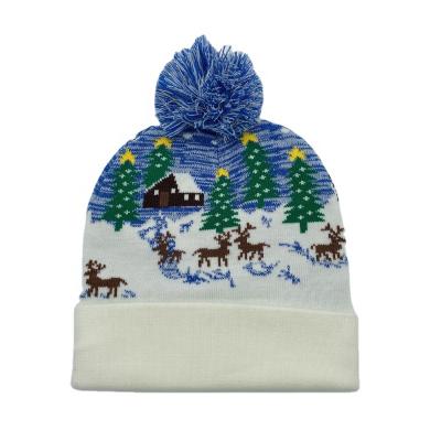 China Fashion COMMON Winter Gaffled Jacquard Christmas Snow Knitted Beanie Hats With Pom Pom For Adults for sale