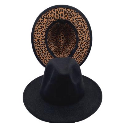 China Fashion\Wholesale Comfortable\Durable Fashion Female Single Wide Brim Double Sided Leopard Felt Fedora Hat Jazz Panama Hat For Women for sale