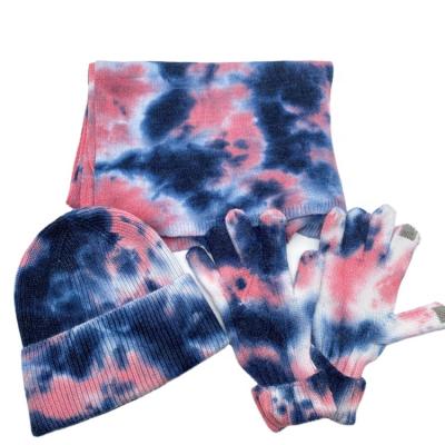 China Fashion\Comfortable\Durable Multiple Color Tie Dye Knitted Unisex Gloves Beanie Set Winter Scarf Set Warm for sale