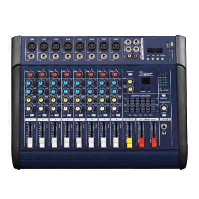 China 4 Channel USB BT Console High Power Stage Equipment 48V Phantom Power DSP Digital Mono Mixing Audio Signals/Effects Microphone Mixer 8 Input SC-PMX802D DJ for sale