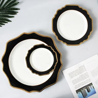 China Cheap Viable Bone China Dinner Dish Black Gold Sunflower Rim Ceramic Dinnerware Dish for sale