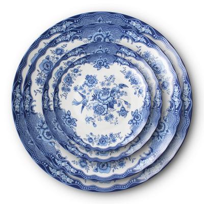 China High Quality Ceramic Decoration Dish Peony Blue And Sustainable Tableware White Set for sale