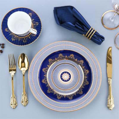 China Viable Wholesale Supply Blue Hotel Wedding Dinner Plate Porcelain Tableware Designer Ceramic Dinner Plates Restaurant Dishes for sale