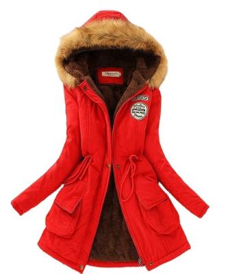 China 2021 Winter Women New Peach Breathable Skin Badge Army Hooded Fur Collar Size Plus Velvet Cotton Thick Warm Mid Length Coat for sale