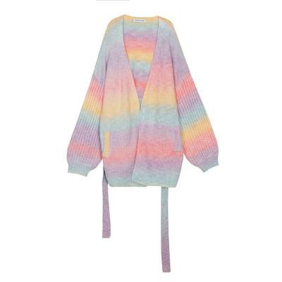 China Custom Factory Women Anti-Shrink Belt V Neck Rainbow Knit Sweater Cardigan for sale