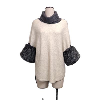 China Wholesale Winter Anti-wrinkle Elegant Wool Blended Faux Fur Hot Selling Luxury Luxury Trim Knitted Ponchos For Women for sale