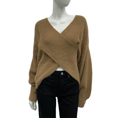 China Wholesale High Quality Anti-wrinkle Knit Longsleeve Pullover Cross-front Sweater For Ladies/Women/Girl for sale