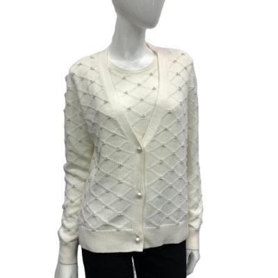 China wholesale high quality Anti-wrinkle beading custom knit cardigan and pullover twin set sweater for ladies/women/girl for sale