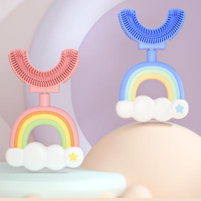 China New Arrival Reusable Children Kids Baby Silicone Toothbrush Food Grade Head 360 Degree Cleaning U Shape Toothbrush for sale