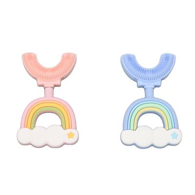 China Amazon Hot Selling Reusable Cute Could Shape Baby Kids Silicone Toothbrush Food Grade Head 360 Degree Cleaning U Shape Toothbrush for sale