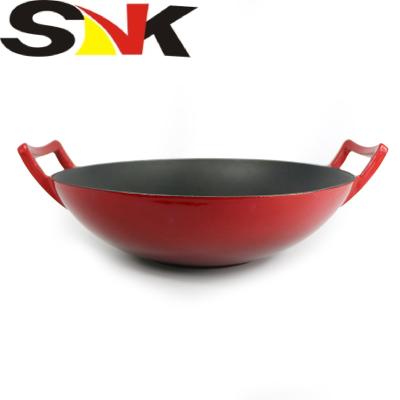 China Sustainable Professional Cookware Cast Iron Wok OEM Enameled Double Handle Japanese Iron Wok for sale