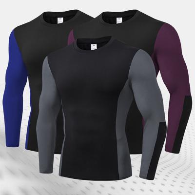 China Autumn Mens Quality Color Block Gym Sport Training T Shirt Breathable Long Sleeve Crewneck High Elastic Tops for sale