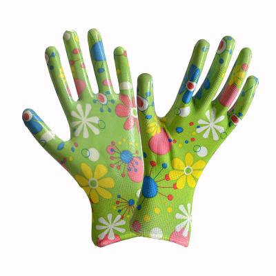 China XINJIAN Oil Proof Garden Gloves Guaranteed Quality Polyester Nitrile Unique Printing Gloves Hand Gloves for sale