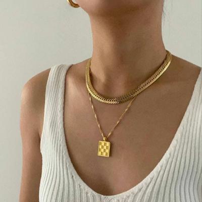 China Barbaric Jewelry Lead Free Nickel Free 18K Gold Plated Free Checker Texture Pendant Necklace Stainless Steel Tarnish Jewelry Wholesale for sale