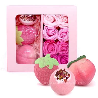 China Exfoliate Nourish Moisturizing Handmade Natural Flower Bath Bomb Fizzy Bathroom Bubble Hot Selling OEM Customized Rose Paper Soap Pink Gift Box Set for sale