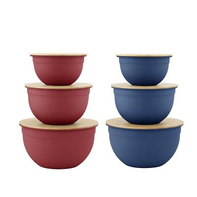 China Fruit Vegetables Serving Nesting Cooking Food Viable Pasta Stainless Steel Matte Mixing Bowl Set with Bamboo Lid for sale