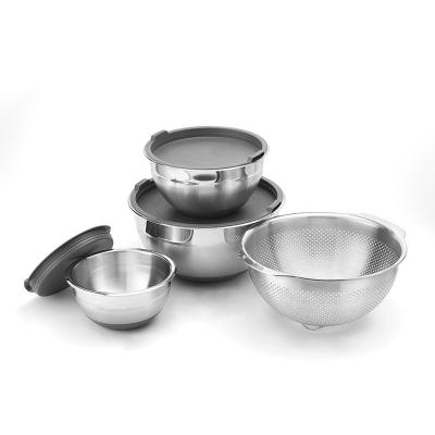 China Large Nesting Stainless Steel Mixing Bowl Colander 4-in-1 Viable Multifunctional Kitchen Storage Deep Salad Bowl Set for sale