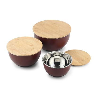 China Wholesale Viable Matte Colorful Bakeware Breading Mixing Food Meal Serving Prep Stainless Steel Salad Bowl With Wooden Lids for sale