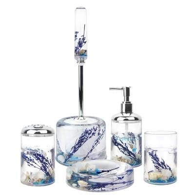 China YAUKPH Sustainable Marine 5 Piece 3D Motion Acrylic Liquid Floating Bathroom Vanity Accessory Set Shell for sale