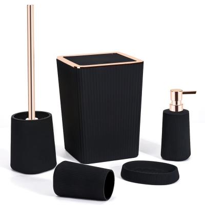 China YAUKPH 5 Piece Viable Rose Gold Bathroom Accessories Set With Trash Can Toothbrush Cup Soap Dispenser Soap Dish Toilet Brush Holder for sale