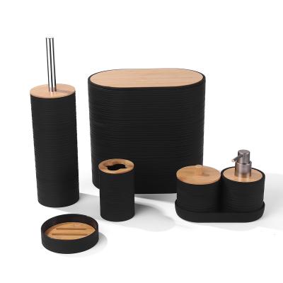 China YAUKPH Sustainable Bamboo Bathroom Accessories Set With Trash Can, Vanity Tray, Tumbler, Qtip Holder, Soap Dispenser, Dish, Toilet Brush. for sale