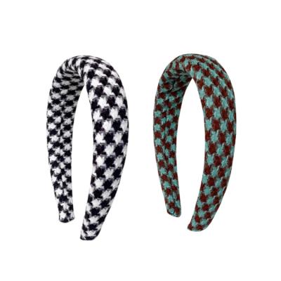 China Non-slip Fashion Houndstooth Anti-slip Cloth Fabric Covered Hard Headband Women Wide Hairband for sale