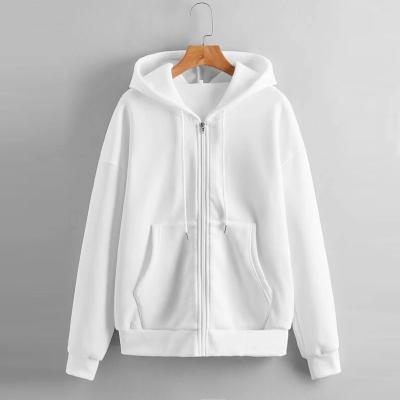 China Anti-wrinkle Logo Oversized Women Streetwear pure white color Custom Zipper Up Drawstring Zipper Hoodies for sale