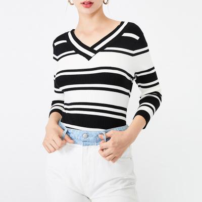 China High Quality Simply Sexy Fine Slim Long Sleeve Anti-pilling Tunic Soft V-Neck Stripe Bodycon Full Sleeve For Ladies for sale