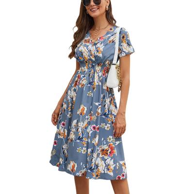 China Anti-wrinkle Summer Beach Women Print V-Neckline Bubble Sleeve Slit Ruffle Edge Floral Dress for sale