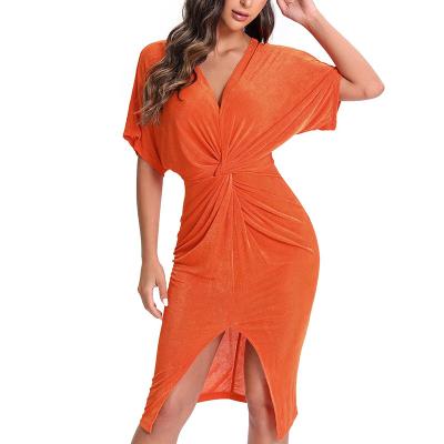 China 2022 New Style Women's Anti-Wrinkle New Style Women's Front Sexy Bodycon Split Midi V-Neck Twist Twist Short Dress for sale