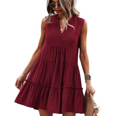 China Cute Beach Sleeveless Dress Anti-wrinkle Summer V-Neck Adjustment Mini Dress Short Flowy Pleated Loose Swing Dress for sale