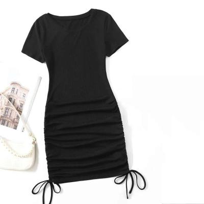 China Wholesale Anti-wrinkle OEM Polyester Fashion Black Drawstring Side Rib Knit Bodycon Dress for sale