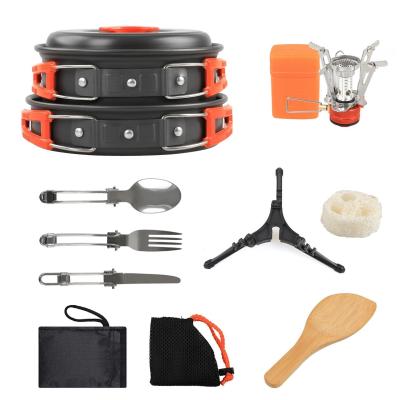 China Aluminum Alloy Camping Cookware Mess Kit with Wood Spoon Accessories and Backpacking Stove for sale