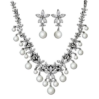 China Cute Delicate Brass Rhodium Plated Marquis Zirconia Flower Imitation Diamond Pearl Necklace And Earring Sets for sale