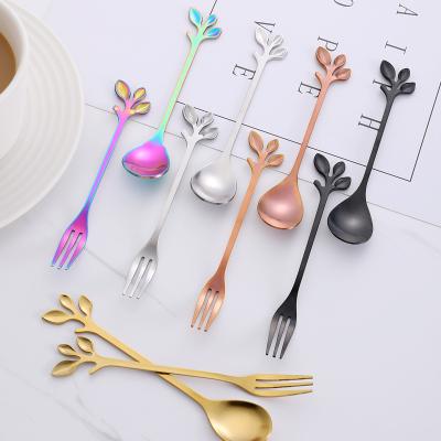 China Custom Creative Stocked Laser Logo Stainless Steel Coffee Stirring Leaf Fruit Fork Cake Teaspoon Fork Cute Wedding Gift for sale