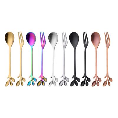 China Creative Cute Leaves Stocked Shape Decorative Gold Thin Layer Cake Spoon For Party for sale