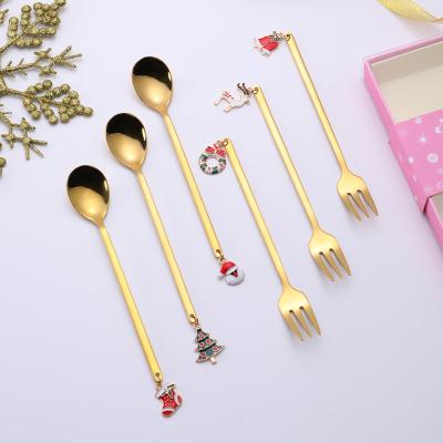 China Creative Stocked Christmas Hat Tree Socks Decorate 304 Stainless Steel Christmas Gold Silver Long Coffee/Tea Spoon Pendant Forks For Gift for sale