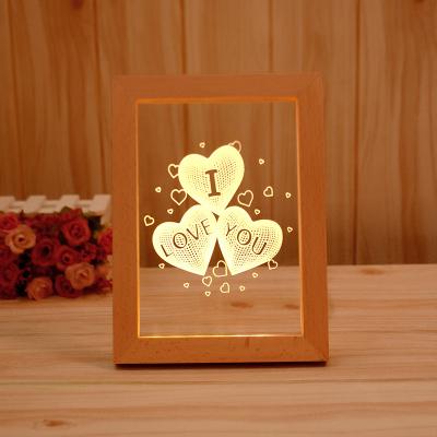 China USB Switch Night Light Square Solid Wood Frame laser engraved acrylic LED Lamp night light base for home room or bar decoration for sale