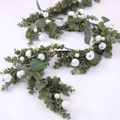 China Plastic Artificial Flower Silk Garland Eucalyptus Vine Garland with Fake Roses and Silk Beads for Party Wedding and Home Decor for sale